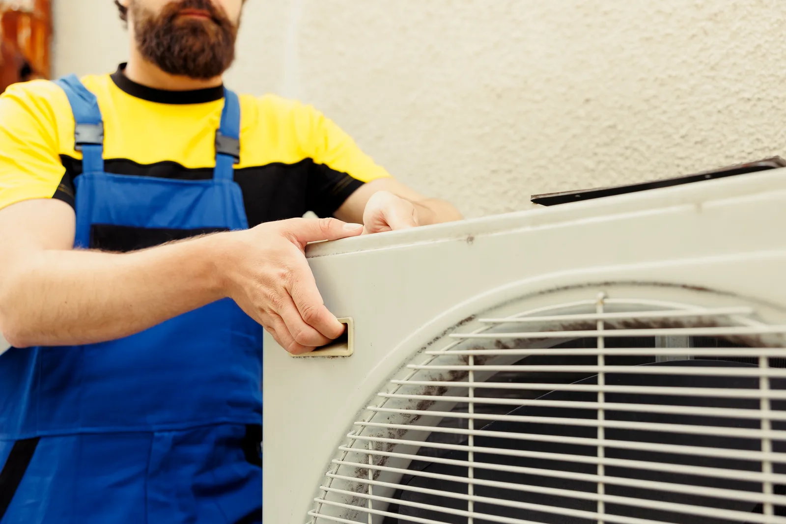 HVAC technician preparing a new outdoor condenser unit for installation